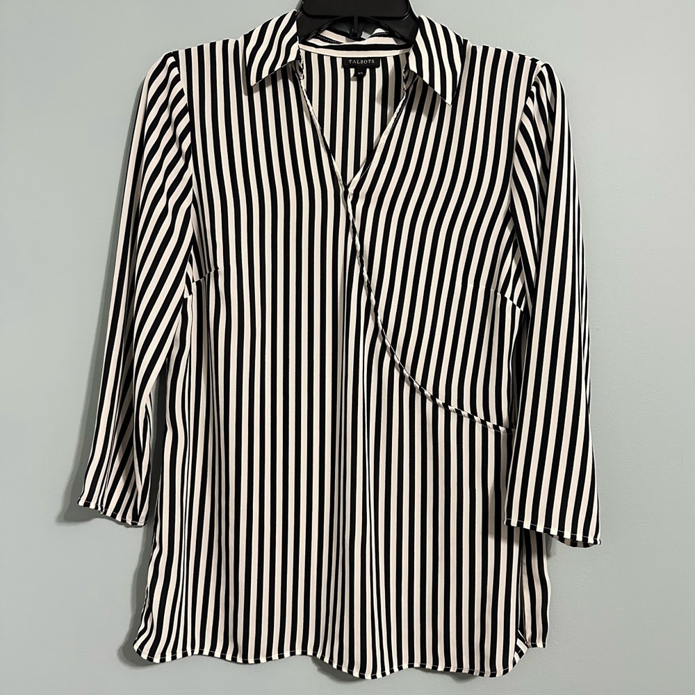 🦋 Talbots Stripe Wrap Collared Blouse Shirt Black White XS